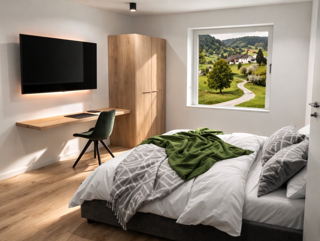 Modernes Schlafzimmer mit Blick auf die Landschaft durch ein Fenster